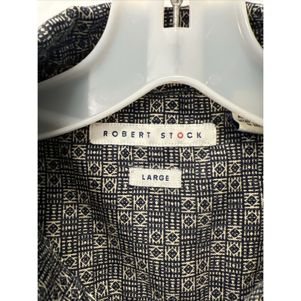 Robert Stock Mens Navy Blue And Tan Pattern Long Sleeve Button Shirt Size Large - Picture 3 of 9